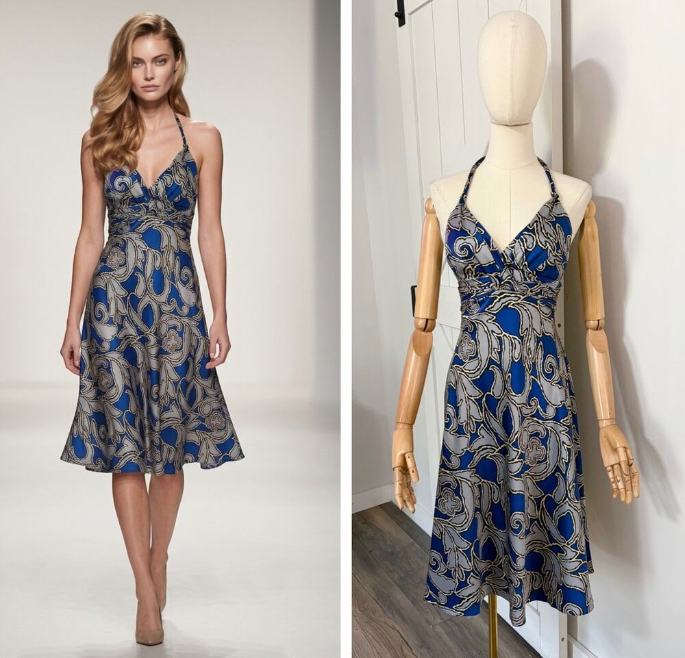 Y2K Jones New York Size 4 Blue Paisley 100% Silk Satin Halter Dress VTG